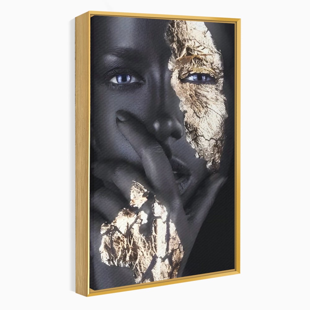 Tablou canvas cu tablou canvas cu portret de femeie, in rama de aluminiu auriu